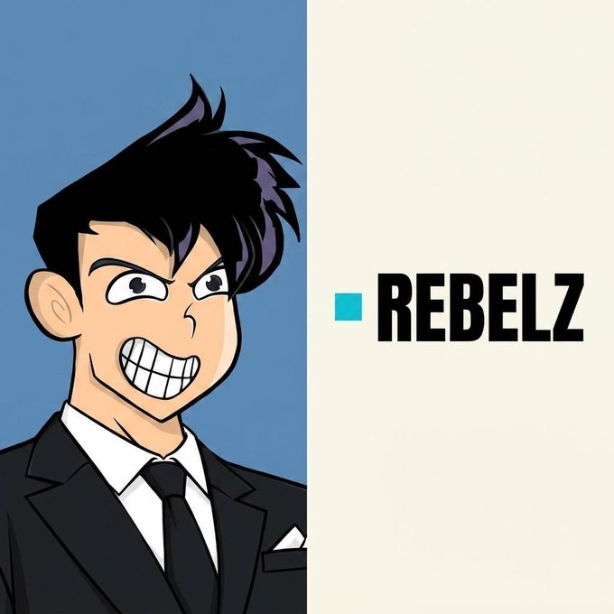 An illustration of a cartoon character with spiky black hair, a wide toothy grin, and wearing a black suit, displayed next to the text 'REBELZ'.