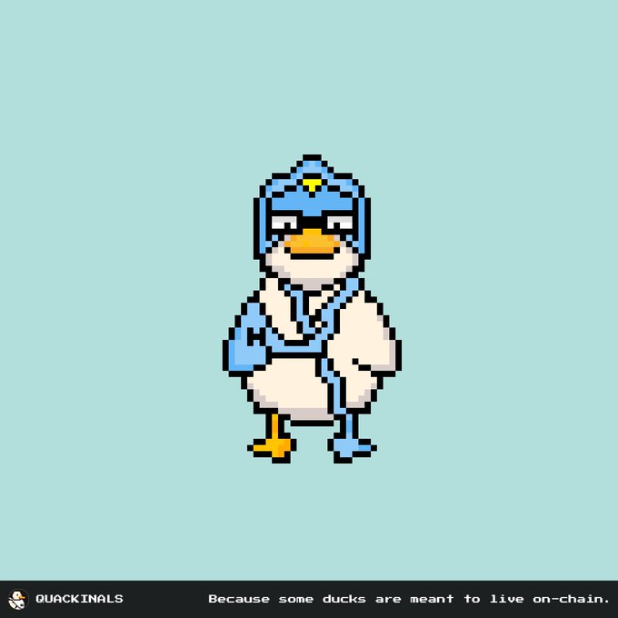 A pixel art illustration of a white duck character wearing blue headphones, a blue scarf, and goggles, with text reading 'QUACKINALS' and 'Because some ducks are meant to live on-chain.' at the bottom.