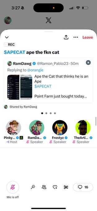 A screenshot of an X (Twitter) Spaces audio room titled '$APECAT ape the fkn cat' with various speakers including RamDawg, Frostyz, and TheArti...