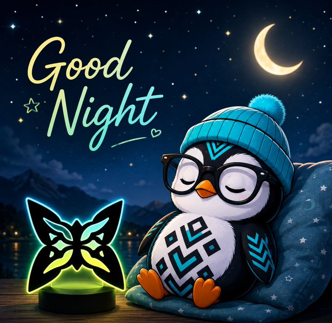 A 'Good Night' illustration featuring a cute penguin character wearing a blue beanie and glasses, sitting against pillows next to a glowing butterfly QR code lamp under a starry sky with a crescent moon.