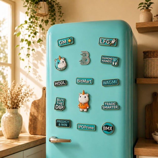 A teal retro-style refrigerator covered in cryptocurrency-themed magnets, including text like 'GM', 'LFG', 'HODL', 'WAGMI', 'BUY THE DIP', 'BitMart', 'DIAMOND HANDS', 'TRADE SMARTER', 'PREDICT & WIN', 'IPO Prime', 'BMX', along with a unicorn magnet and a Bitcoin-style 'B' symbol.