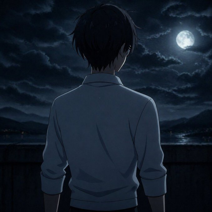 An anime-style illustration shows a person with dark hair in a light blue shirt viewed from behind, gazing at a moonlit night sky over water.