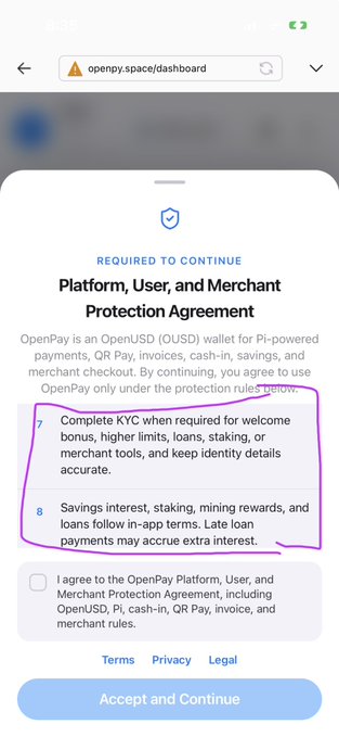 A mobile screenshot shows OpenPay's "Platform, User, and Merchant Protection Agreement" requiring users to complete KYC for higher limits and acknowledging savings/staking/loans terms, which the caption notes is redundant KYC for Pi users who already have identity infrastructure through Pi's own authentication system.