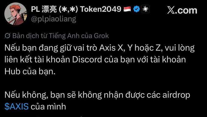 A translated tweet from @plpiaoliang titled 'PL 漂亮 (*,*) Token2049' instructing Axis X, Y, or Z role holders to link their Discord account to their Hub account to receive $AXIS airdrops.