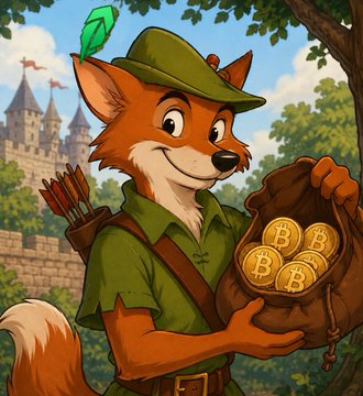 A cartoon fox dressed as Robin Hood holds a pouch of Bitcoin coins, cleverly illustrating how Robinhood is adopting crypto-friendly moves by launching its own Layer 2 blockchain, offering tokenized stocks in Europe, and providing 7% yield on the $USDG stablecoin—all within just one week.