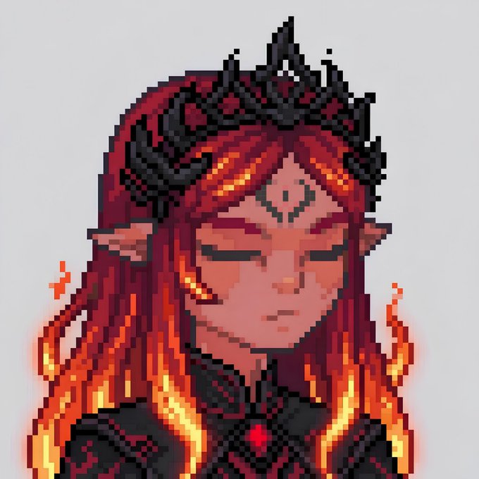 Pixel art portrait of a red-haired elf-like character with pointed ears, wearing a black crown and surrounded by stylized flames against a gray background.