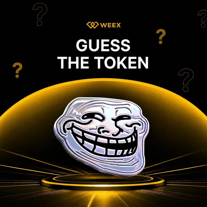 The image features a "GUESS THE TOKEN" quiz graphic from WEEX, displaying a 3D trollface meme on a glowing yellow pedestal against a black background with question marks. The accompanying post announces a #WEEXQuiz giveaway where participants can win 50 USDT by guessing the trending coin depicted by the trollface meme.