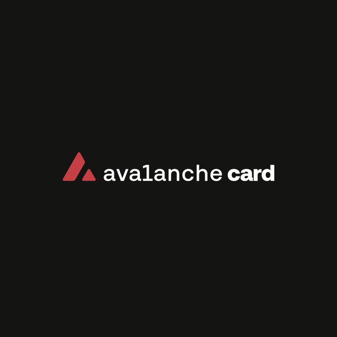 A black background displays the "avalanche card" logo, featuring a red triangular emblem beside white text in a monospace font. The image serves as branding for the Avalanche Card cryptocurrency debit card, complementing the promotional message directing viewers to avalanchecard.com.