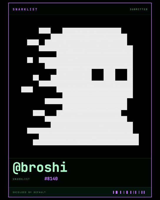 A pixelated gray ghost-like character with two black eyes on a black background, labeled 'SNARKLIST', '@broshi', and 'SNARKLIST #8140' with 'SHIELDED BY DEFAULT' at the bottom.