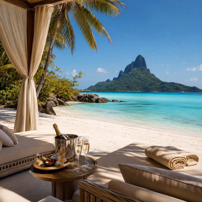 A luxurious beach cabana with champagne, a fruit plate, and plush loungers overlooks a pristine turquoise cove framed by palm trees and a dramatic volcanic peak, evoking the ultimate "enjoy your life" reward after years of disciplined Bitcoin holding and DCA.