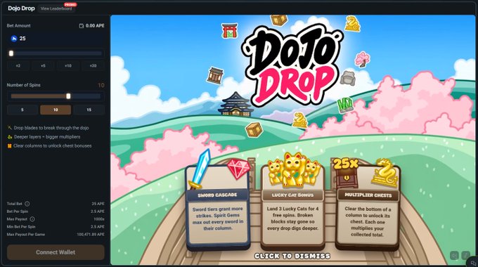 A screenshot of a crypto-themed game called 'DoJo DROP' showing slot-style betting mechanics with swords, cats, and treasures.
