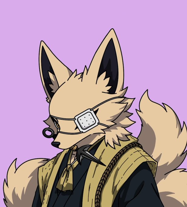 An anime-style illustration of an anthropomorphic fox-like character with large ears and multiple tails, wearing a muzzle and traditional Japanese clothing against a purple background.