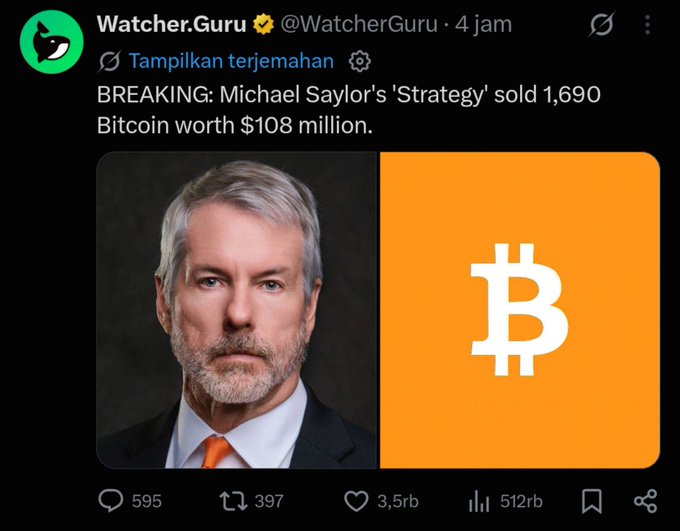 A tweet from @WatcherGuru reports that Michael Saylor's "Strategy" sold 1,690 Bitcoin worth $108 million, featuring a split image of Saylor on the left and an orange Bitcoin logo on the right. The accompanying post criticizes Saylor as having an alleged goal to drive Bitcoin to zero, accusing him of repeatedly buying high and selling low—now for the third time.