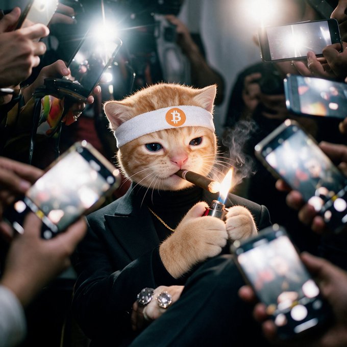 An orange cat wearing a white headband emblazoned with an orange Bitcoin logo smokes a cigar while surrounded by a swarm of smartphones capturing the moment, mirroring the post's satirical take on Bitcoin's journey toward mass adoption through unconventional, meme-worthy appeal.