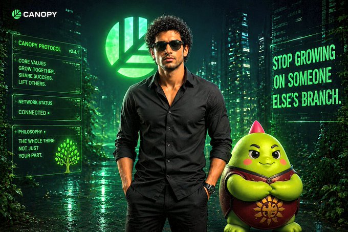 The image features a man standing next to a green toy, possibly a frog or a monster, with the text "Stop growing on someone else's branch" displayed above them. The background of the image shows an urban cityscape filled with buildings and trees, creating a contrast between nature and technology.
