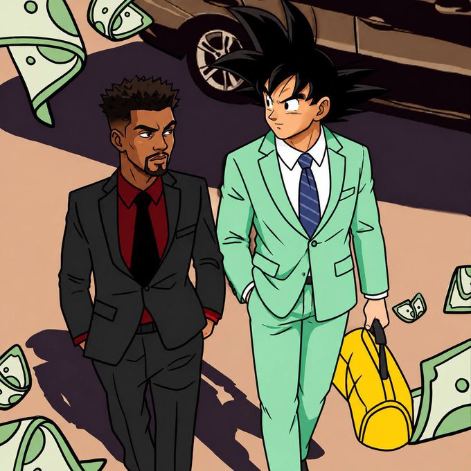 Anime-style illustration of two men in suits (one in green, one in black) standing together, with Goku from Dragon Ball Z appearing to carry money in the background, reminiscent of the "Businessman Goku" meme.