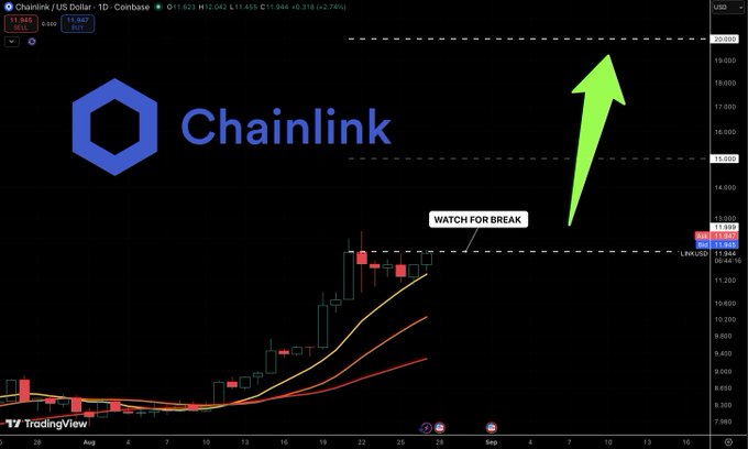 A TradingView daily chart of Chainlink (LINK/USD) showing the price at $11.847 with a bold green arrow pointing toward the $20 resistance level, captioned "WATCH FOR BREAK," reinforcing the poster's bullish prediction of LINK hitting $20.