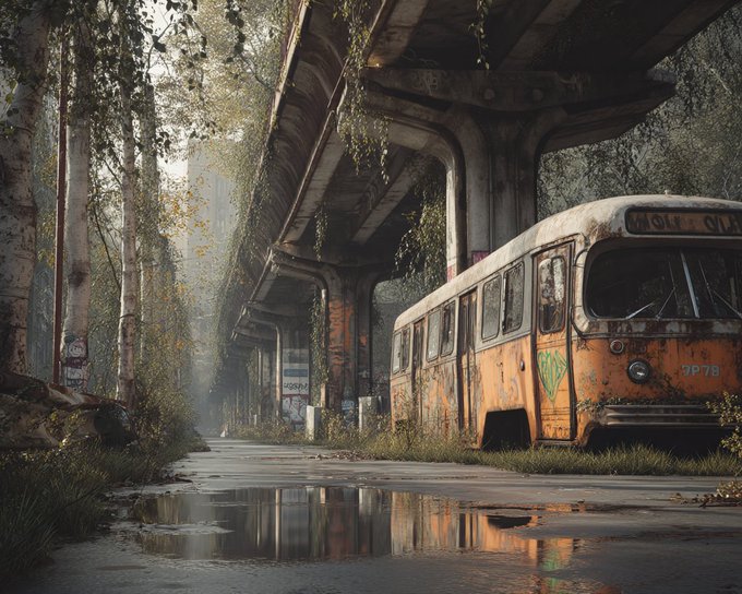 A post-apocalyptic digital art scene featuring an abandoned, graffiti-covered orange bus parked beneath a crumbling concrete overpass, with vegetation reclaiming the wet pavement.