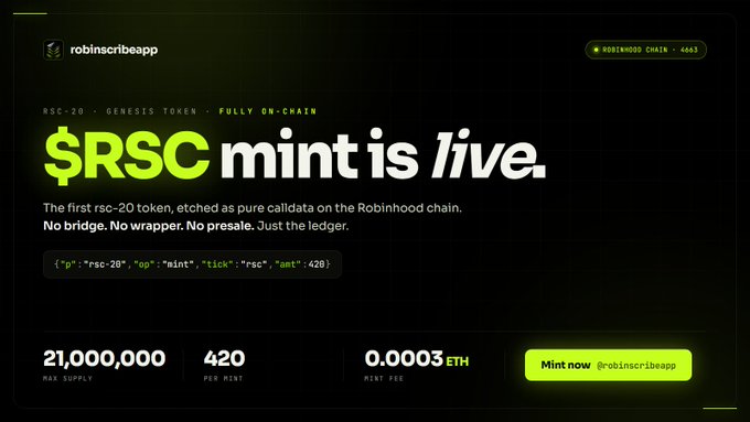 The image is a promotional graphic for the $RSC token mint on the Robinhood chain, highlighting "21,000,000" max supply, "420" per mint, and "0.0003 ETH" mint fee with a call-to-action to mint via @robinscribeapp.

The post references an RPC issue causing minting delays, which connects to the image as users may have been trying to mint the $RSC token featured in the promotional graphic during the traffic surge.