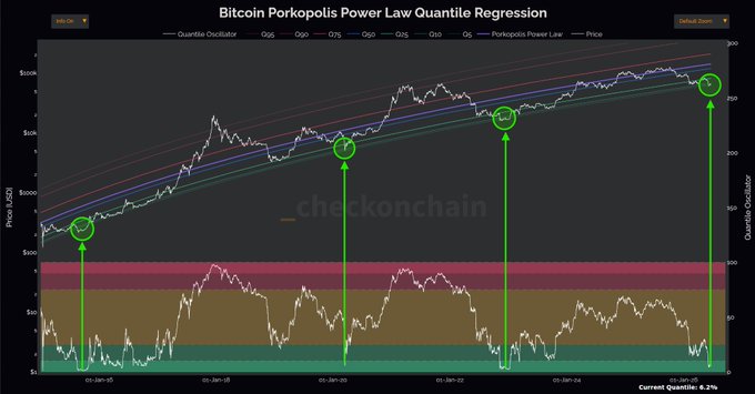 A chart titled "Bitcoin Porkopolis Power Law Quantile Regression" displaying BTC price movements from 2015 to 2024 across quantile bands (Q5–Q95), with green arrows marking the current 6.2% quantile and highlighting historical cycle bottoms in 2015, 2020, and 2023, supporting the post's claim that the current low quantile reading signals a potential major bottom.