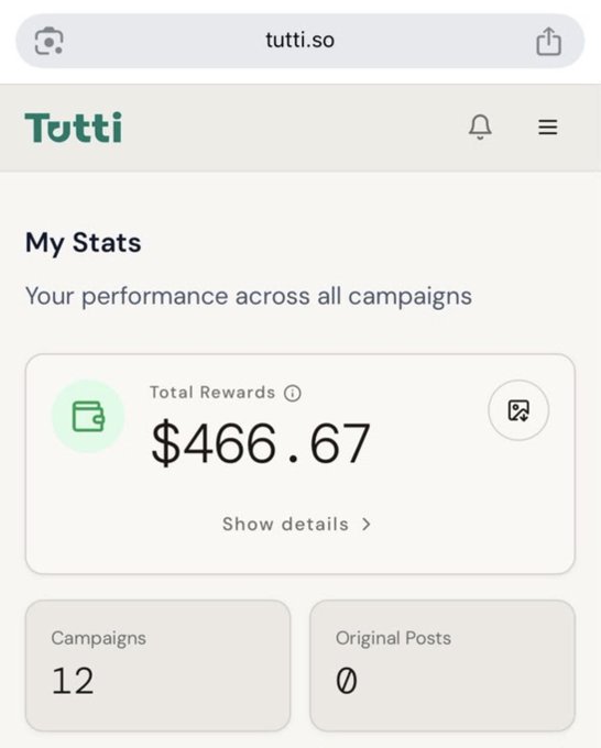 The image shows Tutti’s “My Stats” dashboard, reporting total rewards of **$466.67**, **12 campaigns**, and **0 original posts**. It illustrates the poster’s claim of earning nearly $500 on Tutti in under a month.