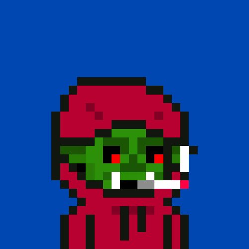 A pixel art image of a green goblin-like character with red eyes, fangs, and a cigarette, wearing a red hooded robe against a blue backdrop.