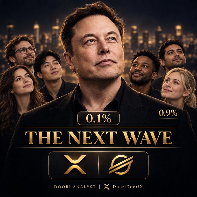 A promotional graphic titled 'THE NEXT WAVE' featuring a central figure resembling Elon Musk with a group of people behind him against a city skyline backdrop, with percentages '0.1%' and '0.9%' displayed, branded with 'DOORI ANALYST' and 'DooriDooriX' logos.