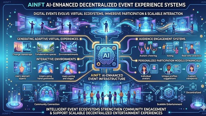 The image features a large, colorful poster that illustrates various aspects of an AI-enhanced event experience system. The poster includes people interacting with virtual environments, which are designed for immersive participation and seamless interaction. It also highlights the importance of AI in developing event infrastructure that can adapt to different situations and provide valuable insights into audience preferences and behaviors.