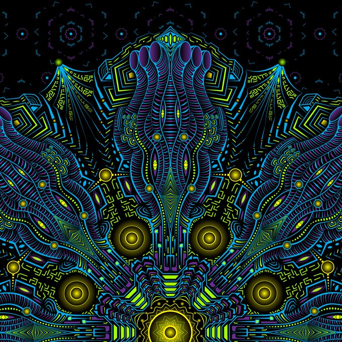 A vibrant, symmetrical psychedelic digital artwork featuring intricate patterns in blue, green, purple, and yellow with circular motifs resembling eyes.