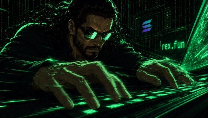 Stylized digital artwork of a man with long dark hair and glowing green glasses intensely typing on a green-lit keyboard, with a screen in the background displaying the Solana logo and the text 'rex.fun'.