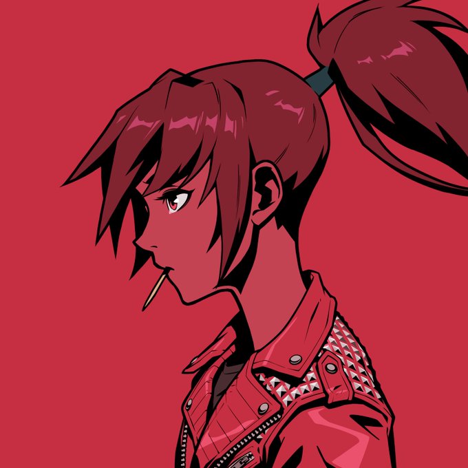 Anime-style illustration of a red-haired female character with a ponytail, wearing a studded leather jacket and holding what appears to be a stick in her mouth, against a red background.