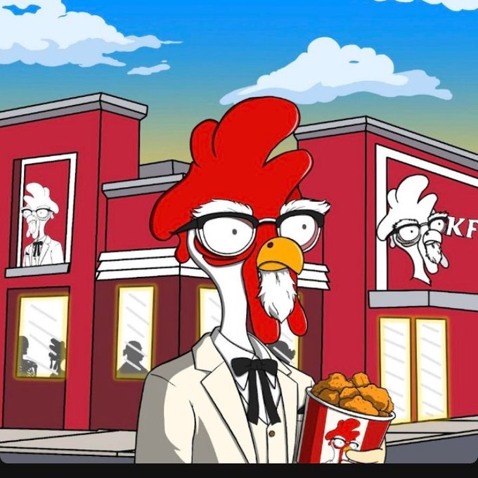 A cartoon illustration shows an anthropomorphic chicken wearing glasses, a white tuxedo, and a bow tie, holding a bucket of fried chicken in front of a KFC restaurant.