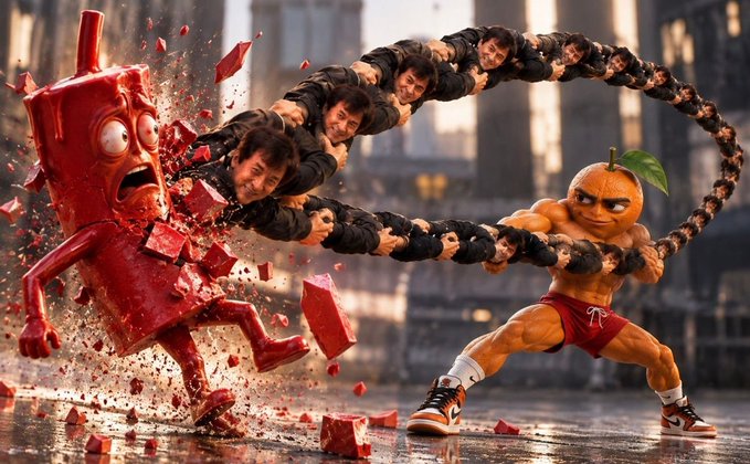 An action-oriented scene showing a muscular anthropomorphic orange character using a flail made of people in black clothing to smash a red, cylindrical character that is shattering into pieces.