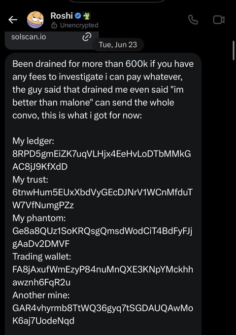 A Telegram chat screenshot from user 'Roshi' containing cryptocurrency wallet addresses including ledger, trust, phantom, and trading wallet details, with claims of being drained for over 600k.