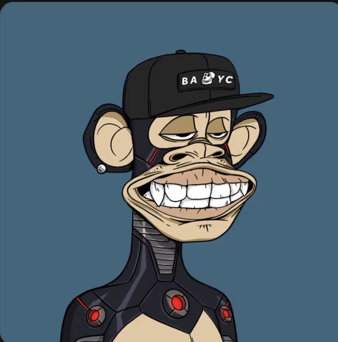 Bored Ape Yacht Club style cartoon ape with a black cap reading 'BAYC' and a wide grin.