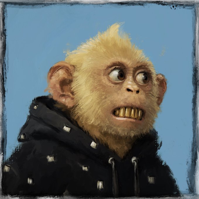 A digital painting of a startled-looking monkey or ape with blonde fur, wide bulging eyes, and bared teeth, wearing a black hoodie against a blue background.