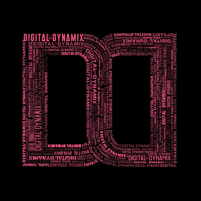 A black graphic design with the letters 'D' shaped out of repeated pink 'DIGITAL DYNAMIX' text on a dark background.