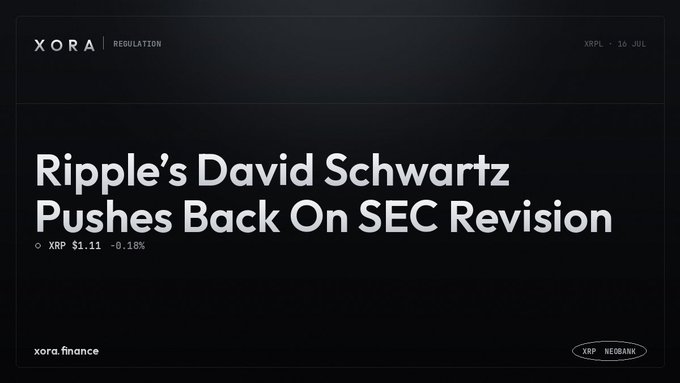 A dark-themed article card from XORA Regulation titled 'Ripple's David Schwartz Pushes Back On SEC Revision', dated July 16, showing XRP at $1.11 (-0.18%) with branding from xora.finance and XRP Neobank.