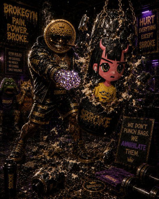A dark, stylized 'BROKEGYM' illustration featuring a gold-armored boxer wearing a Bitcoin-like 'BROKE' coin medallion, punching a hanging punching bag that has a chibi-style character with devil horns on it, with signs reading 'BROKEGYM PAIN. POWER. BROKE.', 'HURT EVERYTHING EXCEPT $BROKE,' and 'WE DON'T PUNCH BAGS WE ANNIHILATE THEM.'