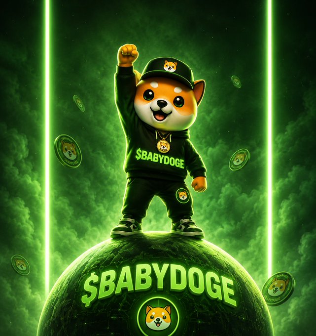 A digital illustration of a cartoon dog wearing a green 'Shiba Inu' cap and a black hoodie labeled '$BABYDOGE', standing triumphantly with a raised fist atop a green globe displaying the '$BABYDOGE' logo.