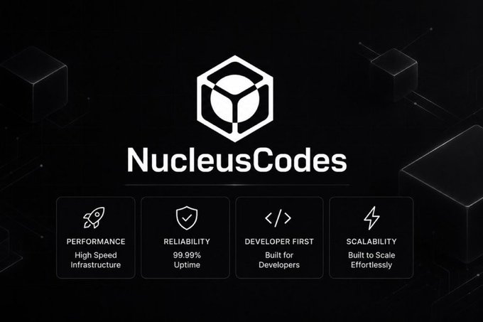 NucleusCodes landing page with a black cube logo and four feature cards: Performance (High Speed Infrastructure), Reliability (99.99% Uptime), Developer First (Built for Developers), and Scalability (Built to Scale Effortlessly).