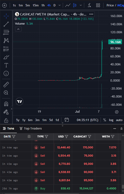 A TradingView chart of the CASHCAT/WETH pair showing a dramatic price spike to 96.16M (+23.16%), with recent transactions indicating large sells in USD.
