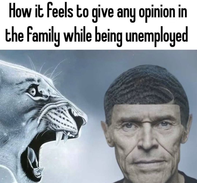 A snarling lion faces off against a stern-looking older man with a flat-top haircut in a meme captioned "How it feels to give any opinion in the family while being unemployed," humorously depicting the awkward tension between an aggressive response and a deadpan stare that arises when an unemployed family member shares their thoughts.