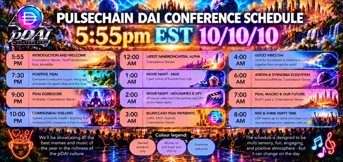 PulseChain DAI Conference Schedule dated 10/10/10 at 5:55pm EST, listing times for introductions, positive POAM, movies, payment sessions, and a shilling party.