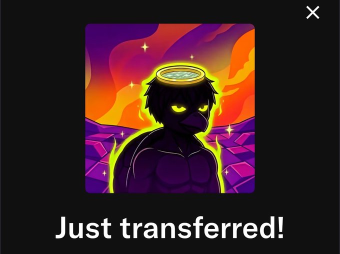 A digital NFT illustration depicts a dark, shadowy bird-like character with glowing yellow eyes and a halo, set against a vibrant orange and purple sunset background, with the text 'Just transferred!' below.