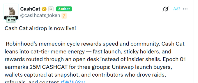 A tweet from 'CashCat (@caslhcats_token)' announcing that the Cash Cat airdrop on Robinhood's memecoin cycle is now live, with 25M CASHCAT earmarked in Epoch 01.