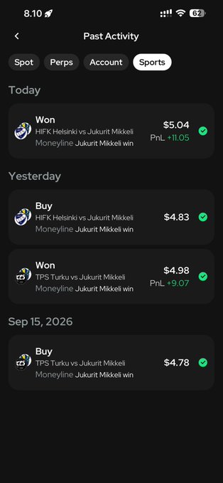 A screenshot of a betting app's 'Past Activity' showing wins and buys on sports bets involving HIFK Helsinki and TPS Turku vs Jukurit Mikkeli.