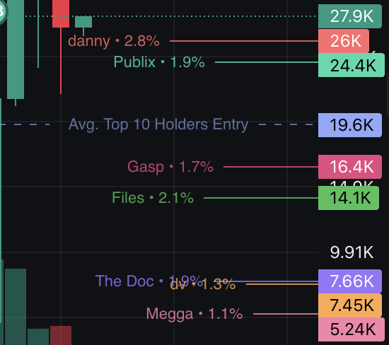 A trading chart displays the top holders of a meme coin, listing holders like "danny" (27.9K, +2.8%), "Publix" (24.4K, +1.9%), and "Files" (14.1K, +2.1%), with the average top 10 holders entry at 19.6K. The post humorously notes that despite "imagine if we all held" being a popular phrase, the actual holders are people who have never held the coin, suggesting weak hands among the top positions.