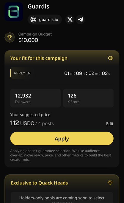 The image shows a cell phone screen with an app called "Guards" displayed, which appears to be related to campaign budgets or fundraising for a project. The user's fit for this campaign seems to be low based on their X score. The app suggests that they should apply to become part of the select campaign. The post also mentions that there is a special offer available for users who want to join the campaign, which could potentially help them improve their X score and increase their chances of being selected.
