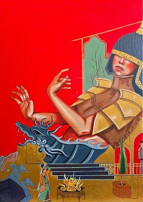 An illustration with a red background shows a large female figure in golden Egyptian-style armor and headdress, with smaller figures and architectural elements below her.